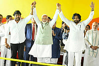 A Starry-Eyed BJP In The South | Photo: PTI : Narendra Modi with Pawan Kalyan and actor K Chiranjeevi